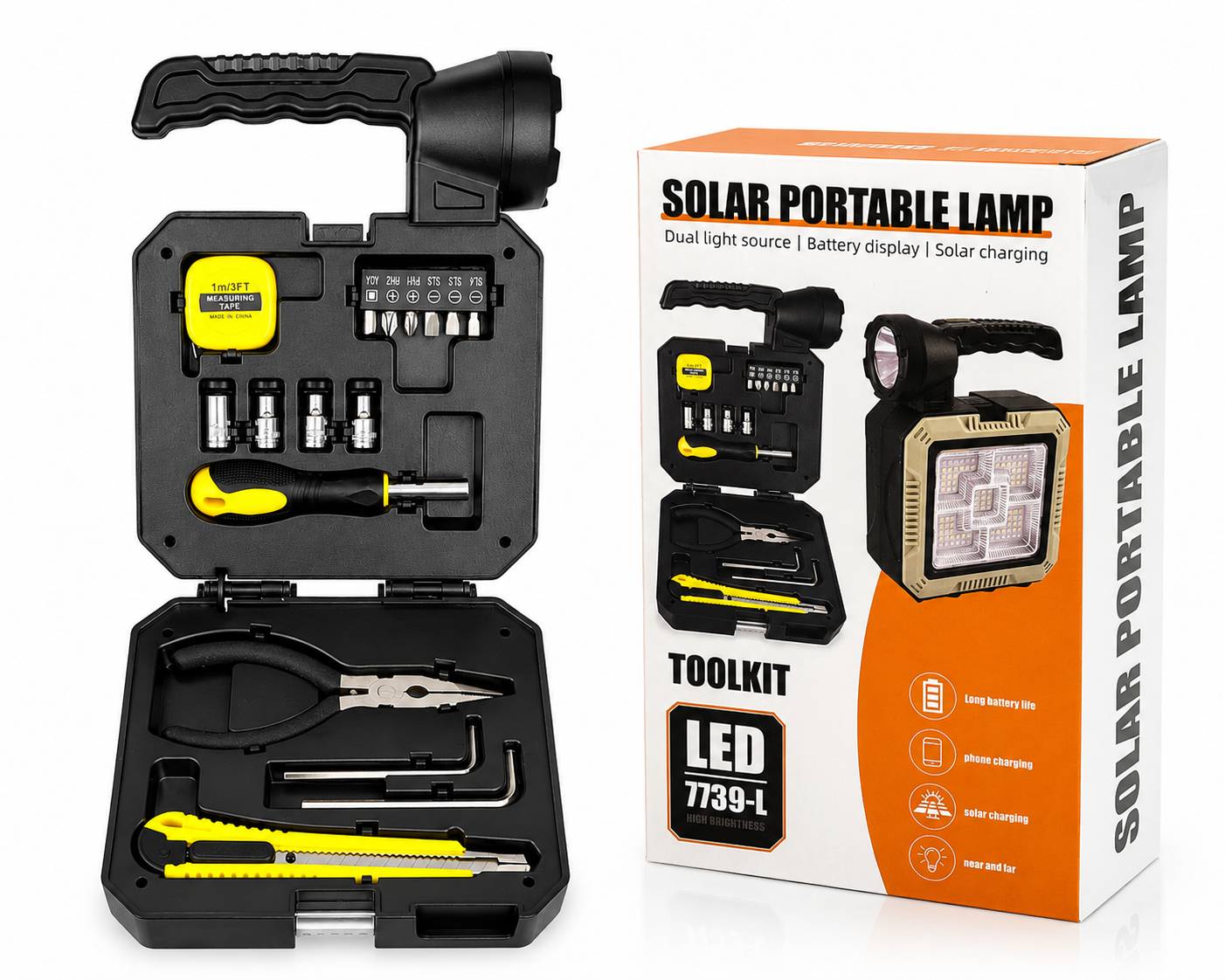 چراغ قوه خورشیدی چند حالته و جعبه ابزار مدل LED 7739-L