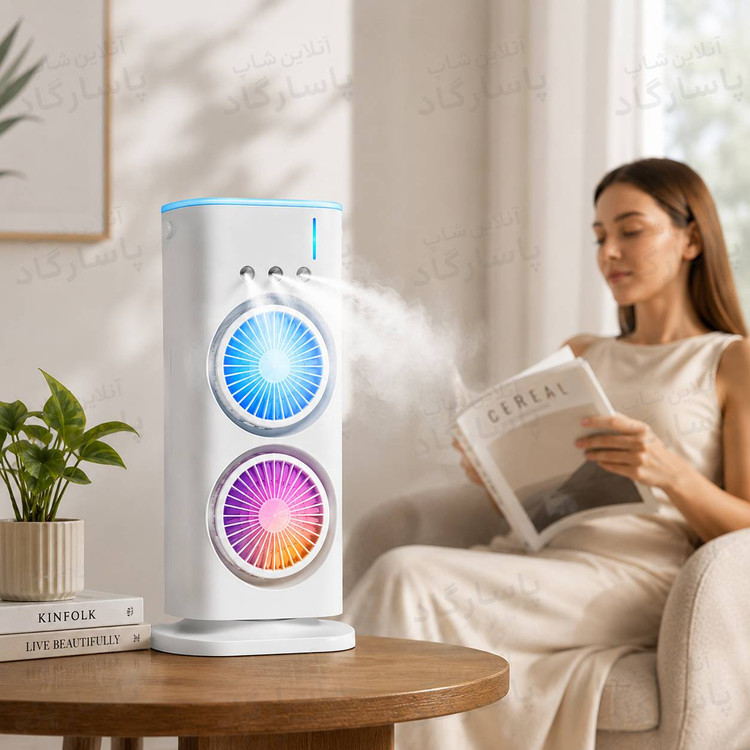 پنکه شارژی رومیزی دوفن مه پاش دار مدل DOUBLE ENDED SPRAY FAN
